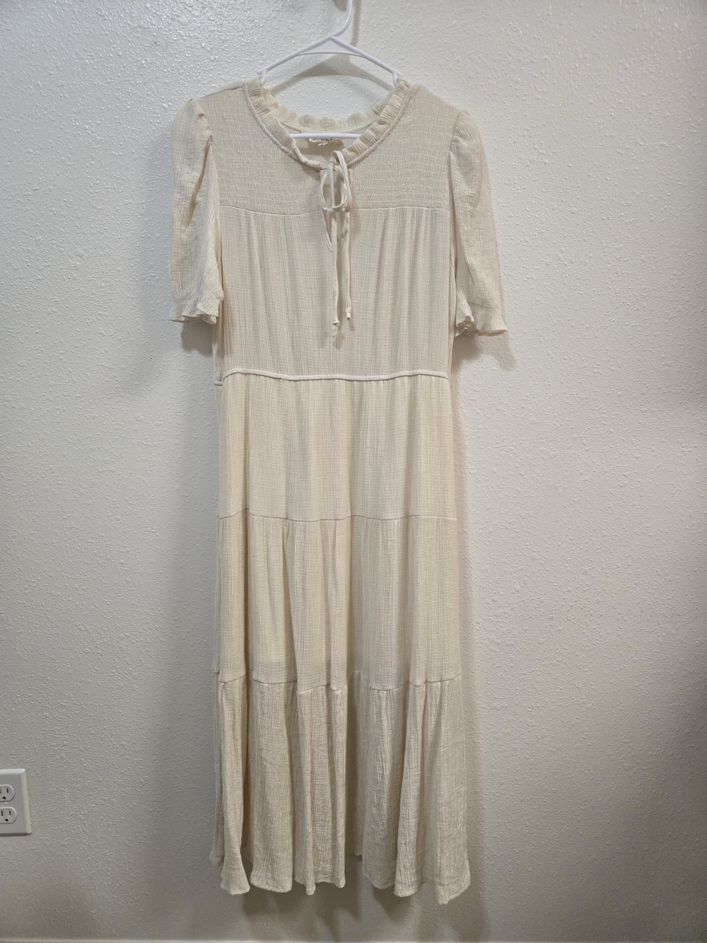 Sweet Wanderer Cream Tiered Midi Dress with Tie Neck